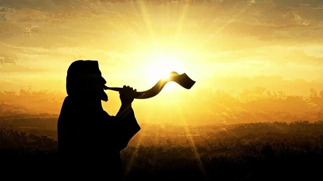Man silhouette blowing shofar horn with bright sunburst. Rosh Hashanah or Yom Kippur concept, Jewish high holiday. Religious tradition.
