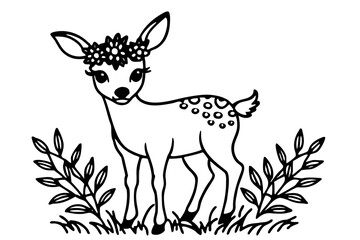 a cute deer with flower in the field