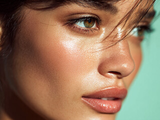 Fototapeta premium Close-up Portrait of a Woman with Olive Skin Tone, Natural Makeup, and Glowing Dewy Complexion on a Pastel Mint Background