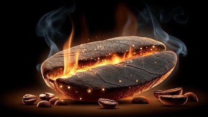 Glowing coffee bean with smoke rising dark background close up