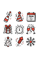 Fun Christmas and New Year-themed doodles in bright colors  