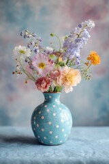 Stunning clay vessel featuring dotted motif holding basic vivid meadow bloom cluster fresh hues atop surface
