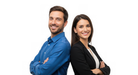 Smiling business people standing back to back isolated on transparent background