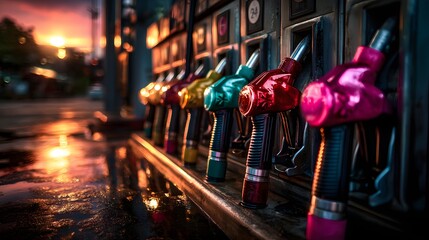 Colorful fuel pump handles at gas station glowing in sunset light, perfect for transportation blog, energy article