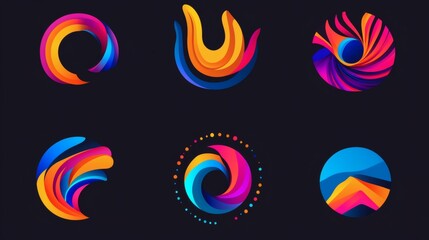 Obraz premium A set of six vibrant and colorful abstract logo designs, perfect for branding and creative projects. They are arranged on a dark background. These logos feature dynamic shapes and gradients