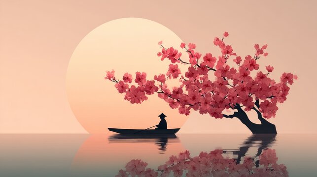 Serene scene of a person in a boat beneath blooming cherry blossoms at sunset