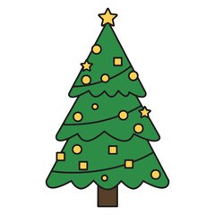 Festive Green Christmas Tree Decorated with Ornaments and a Star, Illustrating Holiday Cheer and Seasonal Celebrations