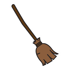 A simple illustration of a brown broom with a wooden handle and bristles against a white background, evoking a sense of cleanliness and magic