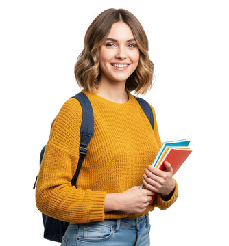University student holding notebooks and wearing backpack isolated on transparent background for use in educational advertising, online courses, school enrollment campaigns and learning platforms