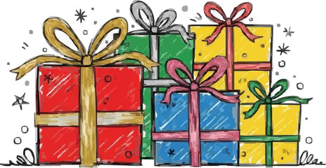 Fototapeta premium Colorful Crayon Sketch Gift Boxes - Hand-Drawn Stack of Holiday Presents with Scribble Texture - Festive Celebration Illustration