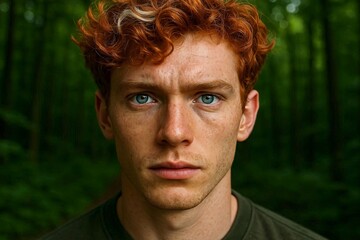 Guy red hair and blonde highlights in forest