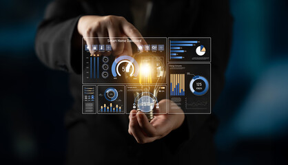 Smart home dashboard manages IoT system. Smart home dashboard controls temperature, dashboard...