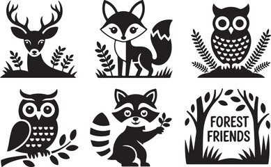 Forest Friends Deer, Fox, Owl, Raccoon - Silhouette Illustrations