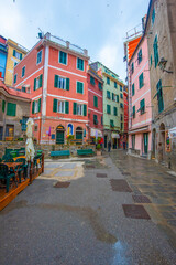 Vernazza, La Spezia, Liguria, Italy in the Cinque Terre region at sunrise.