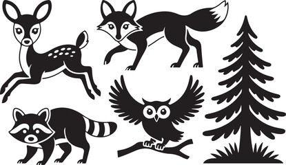 Forest Friends Deer, Fox, Owl, Raccoon - Silhouette Illustrations