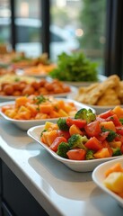 Modern buffet table with fresh healthy food. Many colorful dishes ready for guests. Vegetable salad with broccoli, carrots stands out on display. Assortment of hot, cold meals available for catering