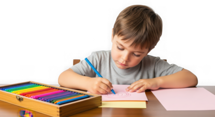Young boy drawing on paper isolated on transparent background at the table