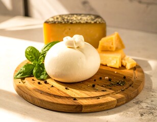 Round wooden board with cheeses and basil