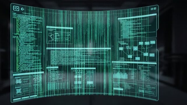 Futuristic Data Visualization Displaying Complex Information Through a Holographic Interface Featuring Dynamic Graphics and Matrix-Style Animation Effects