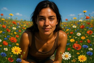 Young tanned woman in flower field in summer