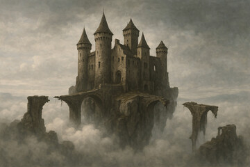 Discover an enchanting medieval castle floating amidst ethereal clouds, perfect for fantasy novels, historical dramas, and captivating game designs, royalty free