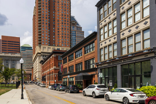 Restaurants and shops along a street in downtown Baltimore Maryland USA