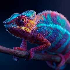 Macro closeup chameleon glowing neon vivid colors