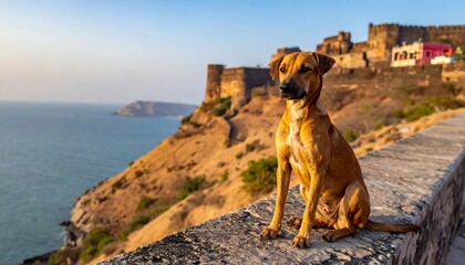 Dog on a wall overlooking the ocean and a fort