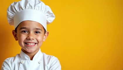 Cheerful little boy wears white chef uniform. Proudly tall chef hat on head. Kid smiles broadly, showing happy face against bright yellow background. Child expresses culinary passion, happiness,