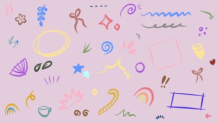 Hand-Drawn Pastel Doodles: Whimsical Vector Elements on Light Purple Background for Creative Designs, Scrapbooking, Notes, and Decorations