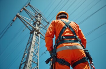Electrician in safety gear, hard hat, full harness. Stands looking up at huge power transmission tower, electric lines against clear blue sky. Worker maintains energy grid infrastructure, high