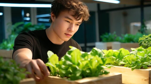 Science fair exhibit with Chinese student demonstrating hydroponic wooden crates of pak choi and mushrooms, innovative organic produce, fair vegetable harvest, eco-science market pick, experimental 