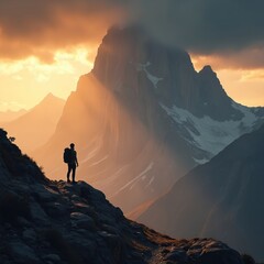 Fototapeta premium Lone hiker stands on mountain ridge with large peak behind. Golden sunset light streams through clouds illuminating vast rocky landscape. Scenic view, peaceful atmosphere, adventure awaits.