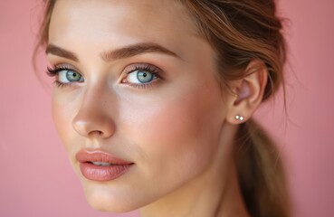 Obraz premium Close up portrait of beautiful young woman with bright blue eyes. Clear healthy skin, natural makeup. Girl looks sideways with calm expression on pink background. Face shows beauty, youth, wellness.