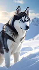 Naklejka premium Husky dog in snowy mountains