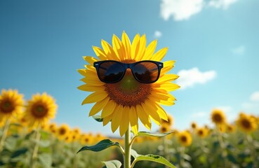 Smiling sunflower wearing sunglasses in summer field. Flower has glasses on face under blue sky. Bright yellow petals frame green center. Sunny day, good mood.