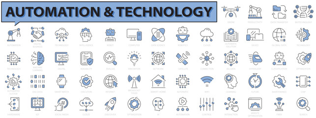 Automation & Technology 56 line icon set. Machine learning line icons. Robotics, iot, biometric, device, chip, robot, cloud computing and automation icon. Vector illustration.