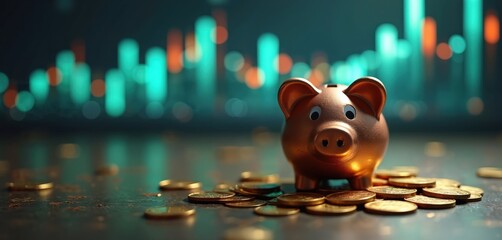 Golden piggy bank sits on many gold coins. Blurred financial data charts glow with tech lights in dark background. Image represents personal savings, smart investment, future wealth, digital market