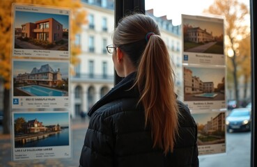Woman looks at estate agency window in city during autumn. Female searches apartment. Buyer chooses property. Sunlight reflects architecture on glass. Real estate offer. Investor considers housing.