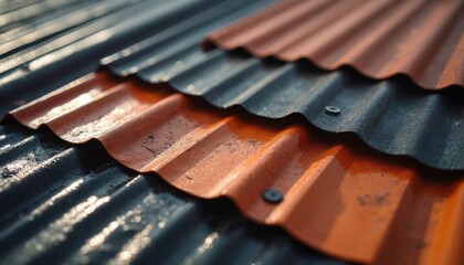 Close photo of textured corrugated metal roofing sheets. Different colors of roof material arranged for display. This image is perfect for construction company, home improvement resources.