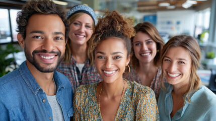 Obraz premium A group of young professionals from diverse backgrounds, including plus-size individuals, smiling in an inclusive office, diversity, inclusivity, interracial couples, plus-size mod