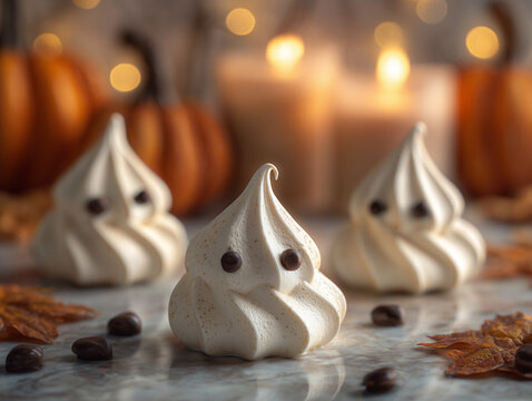 ghost shaped meringue cookies with halloween decor