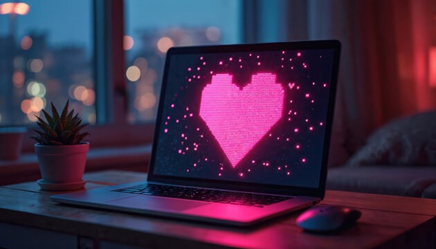Laptop displays digital heart symbol in neon pink. The photo shows a computer screen with a pixelated heart shape on a dark background. This photo reflects connection online - Powered by Adobe