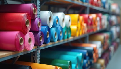 Many colorful vinyl film rolls neatly stacked on shelves in warehouse facility. Bright plastic material for sticker printing, graphic design work, advertising banners. Rolls show various vibrant