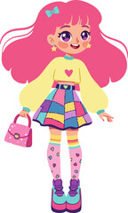 Fototapeta premium Cute Cartoon Girl With Pink Hair and Patchwork Skirt Character