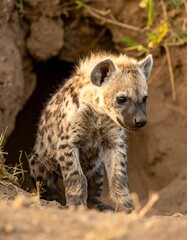 Hyena pup emerging from burrow