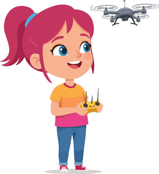Cute Cartoon Style Girl Looking Up at Flying Drone Device