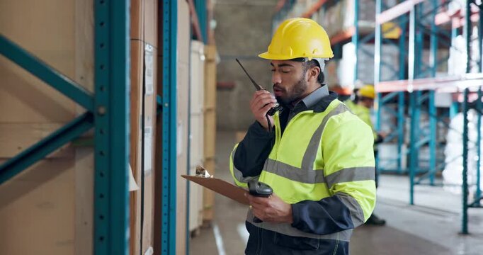 Logistics, barcode reader and warehouse worker with radio checklist, inventory or freight clipboard. Man, scanner and shipping engineer at shelf for storage inspection, talk and update stock system
