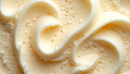 Macro view shows creamy vanilla ice cream swirls with tiny air bubbles. Smooth pale yellow texture has subtle ridges from serving tool. Pure sweet frozen dessert.