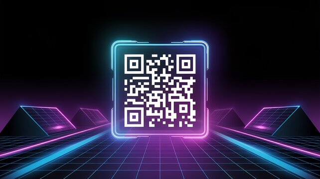 A neon QR code glows against a futuristic, geometric background with blue and purple lighting. - Powered by Adobe